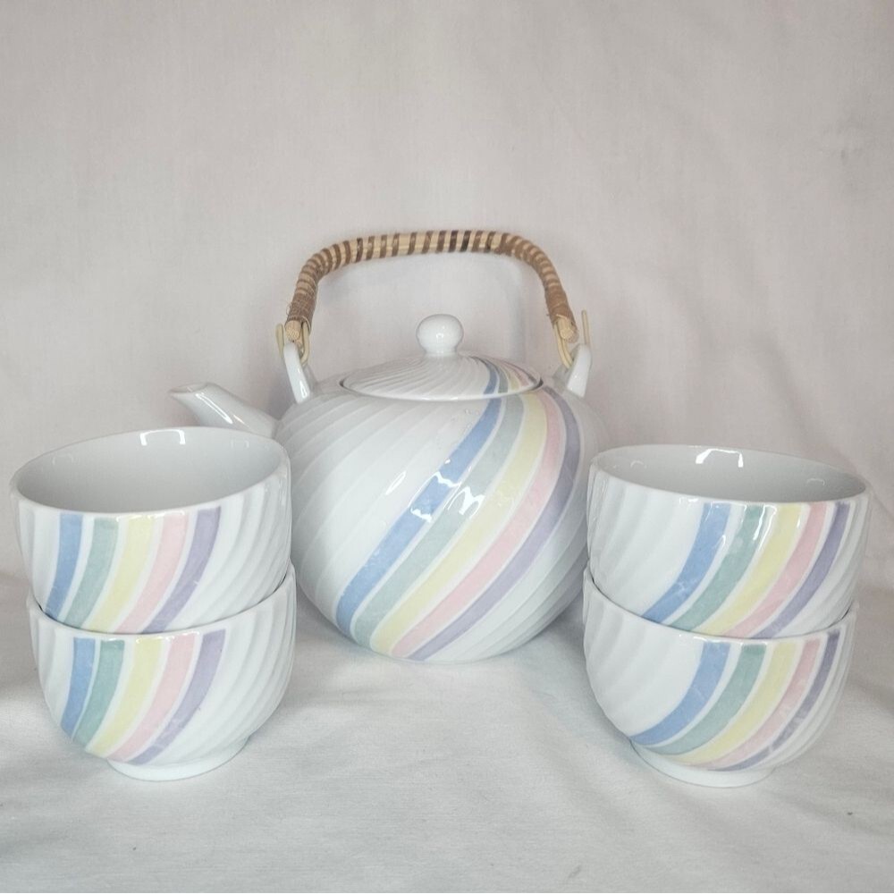 Vintage Pastel Rainbow Porcelain Tea Set - 4 Cups 1 Teapot 70s-80s Made In Japan